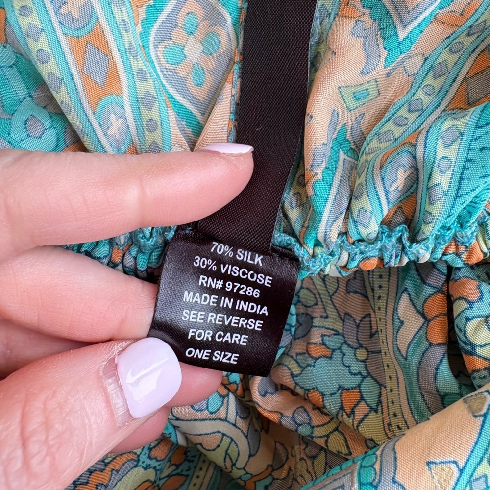 Silk Blend Plunging Mini Dress Aqua Paisley Kimono One Size Boho Miami V-neck - Picture 7 of 8